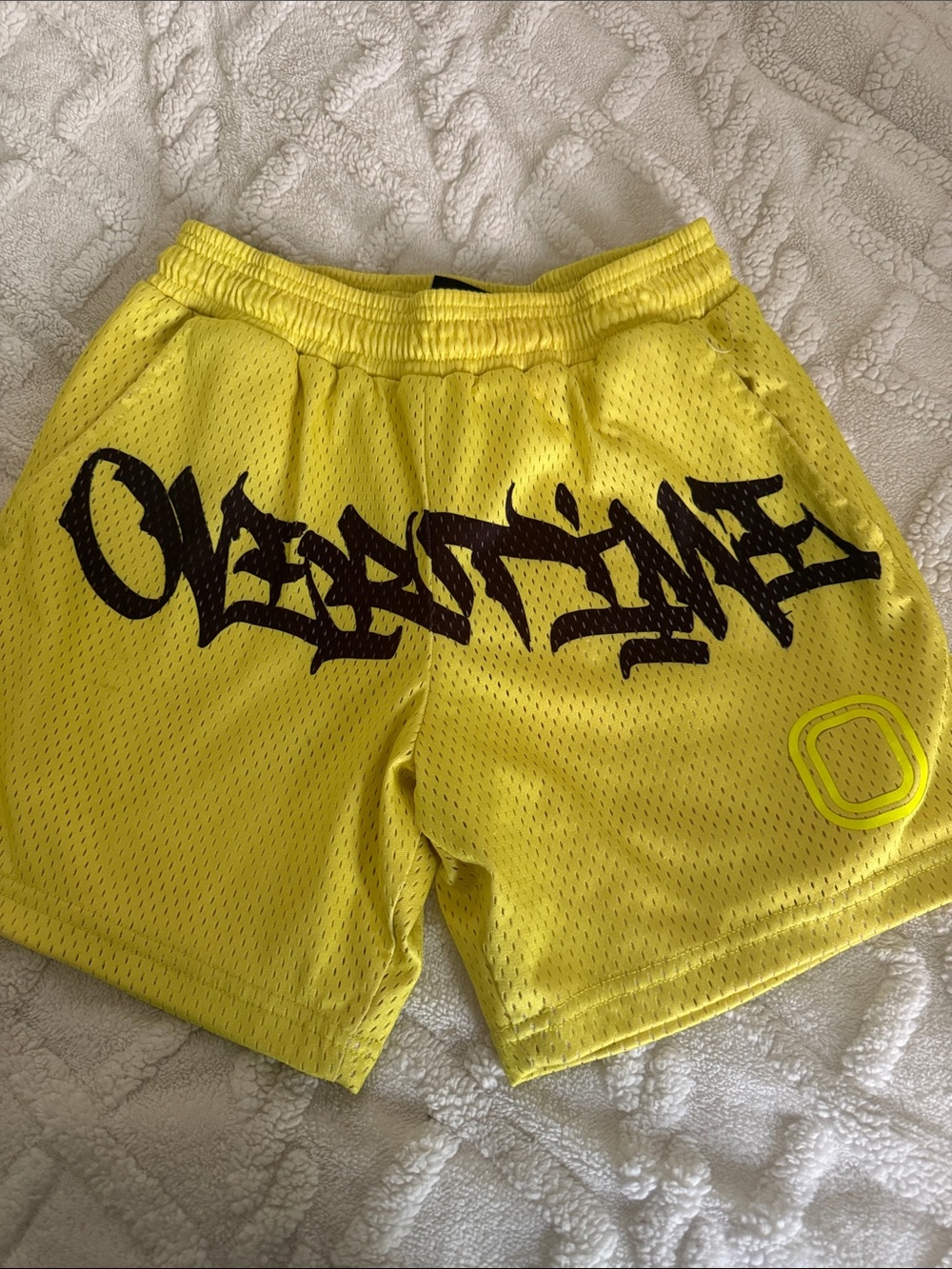 Overtime Florescent Yellow Shorts with Black Graffiti Print